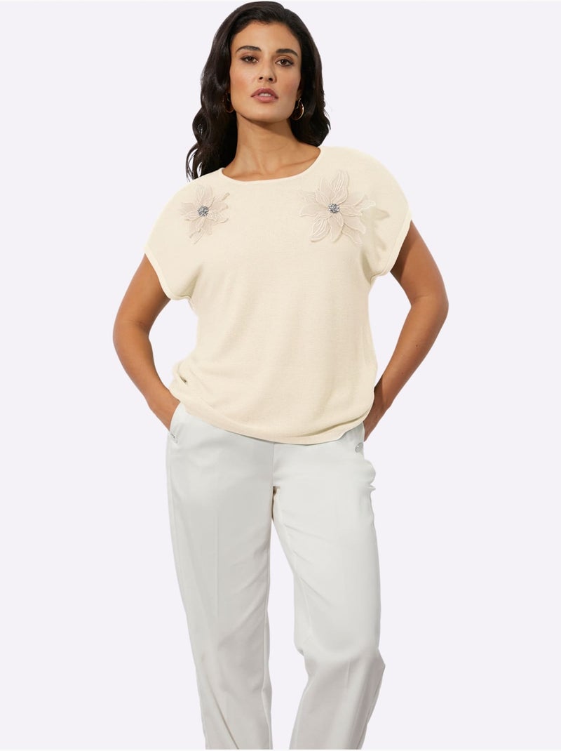 Pull à Manches Courtes 42% Viscose - Taille Standard - Helline Ivoire - Kiabi