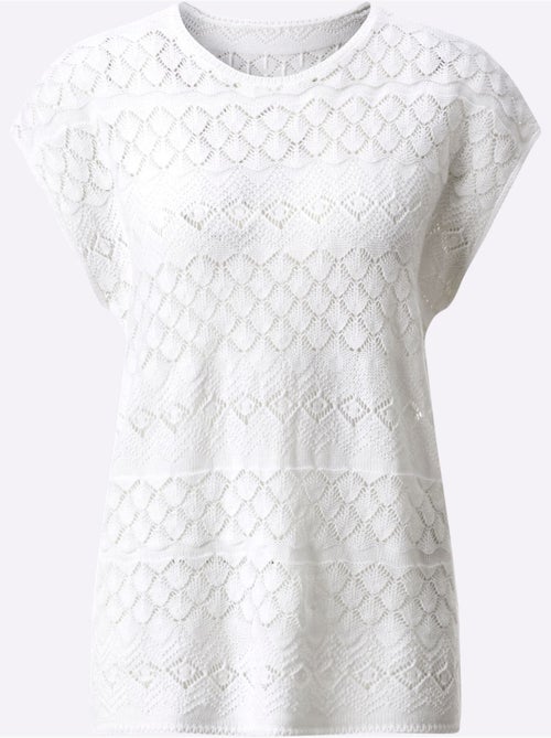Pull à manches courtes ajouré avec encolure ronde et motif léger - Taille standard - Moda Vilona - Kiabi