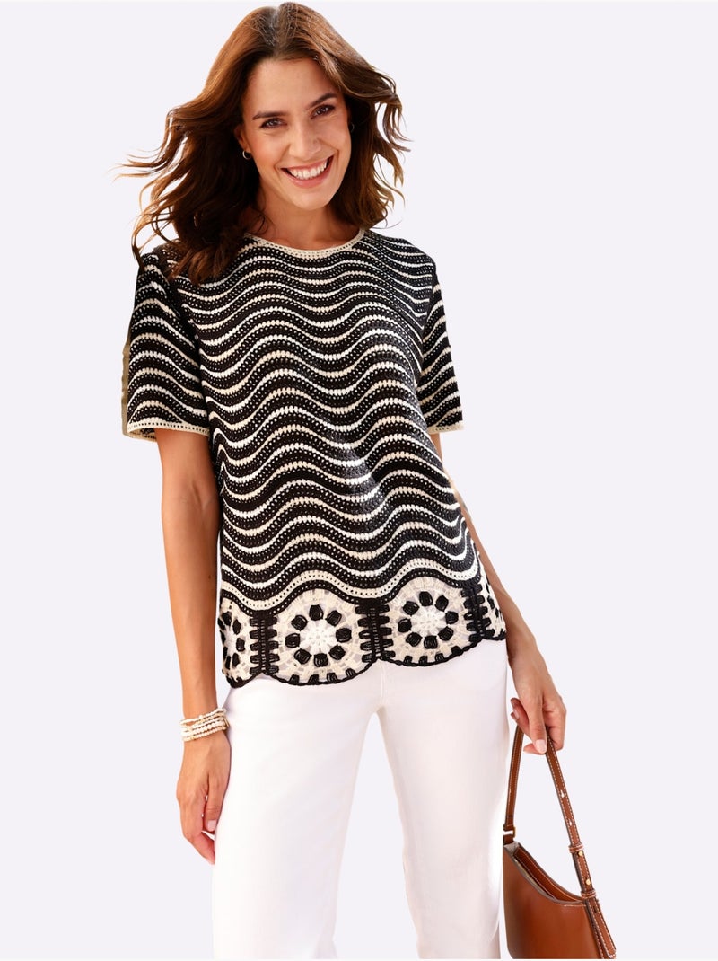 Pull à Manches Courtes Aspect Crochet - Taille Standard - Witt Noir Ecru - Kiabi