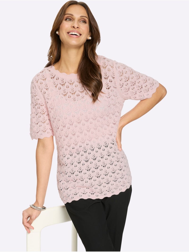 Pull à manches courtes avec col rond et finition ajourée - Taille standard - Witt Rose clair - Kiabi