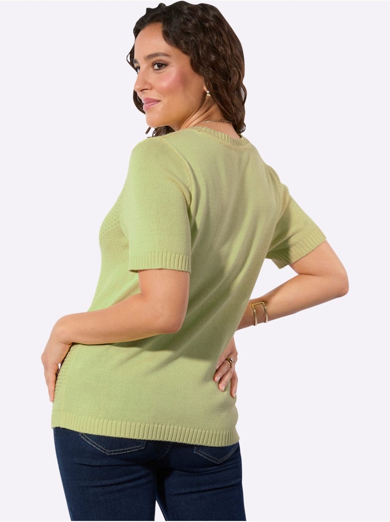 Pull à manches courtes avec col rond et motif tricoté en V - Taille standard - Witt Vert tilleul - Kiabi
