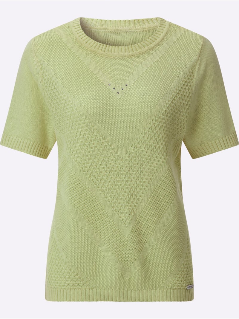 Pull à manches courtes avec col rond et motif tricoté en V - Taille standard - Witt Vert tilleul - Kiabi