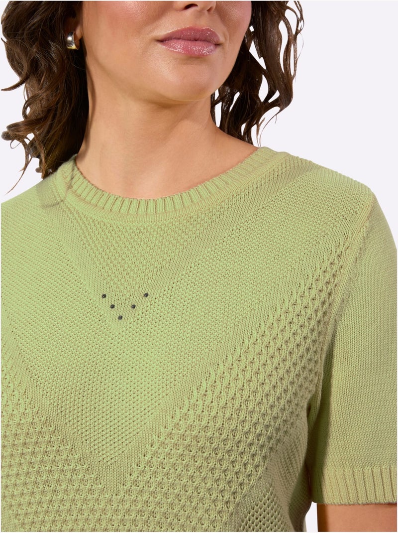 Pull à manches courtes avec col rond et motif tricoté en V - Taille standard - Witt Vert tilleul - Kiabi