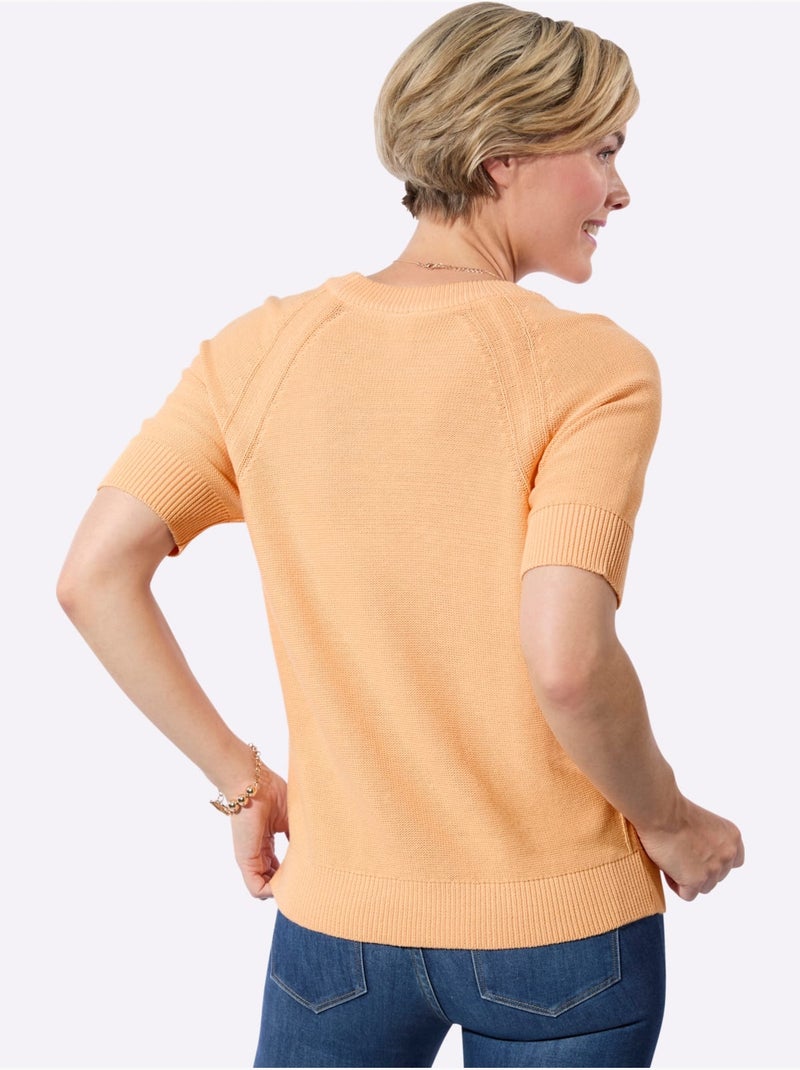 Pull à manches courtes avec encolure ronde et coutures accentuées - Taille standard - Witt Abricot - Kiabi