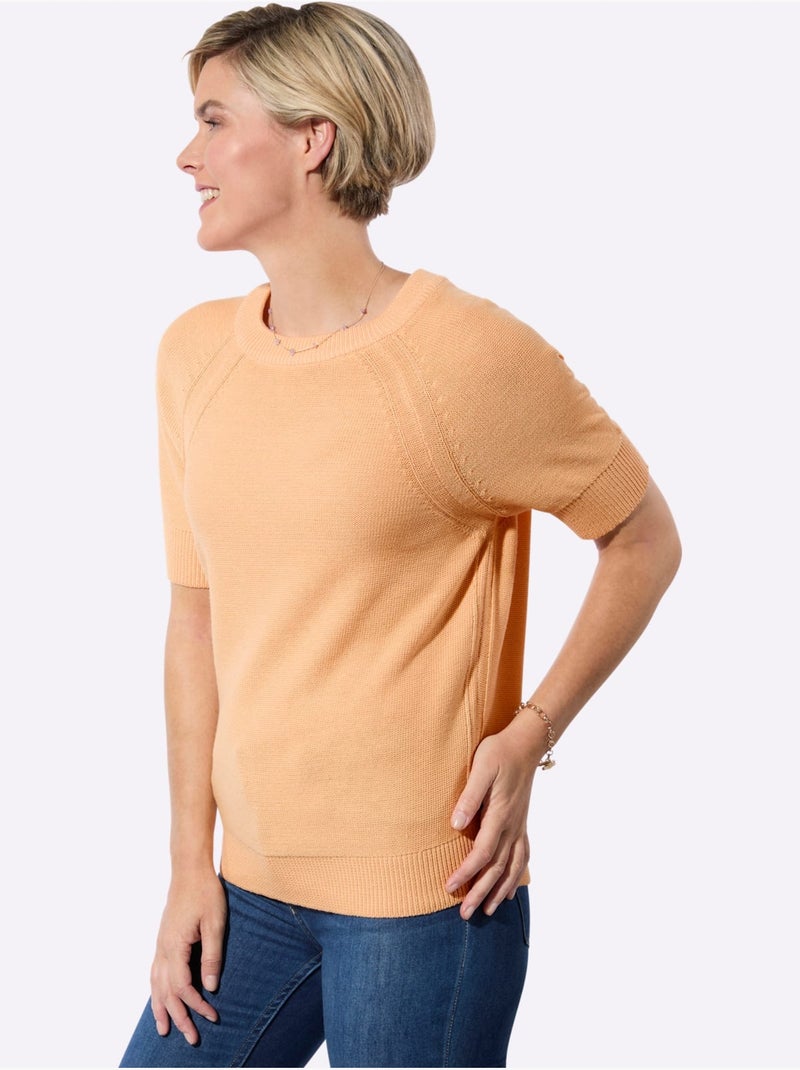 Pull à manches courtes avec encolure ronde et coutures accentuées - Taille standard - Witt Abricot - Kiabi