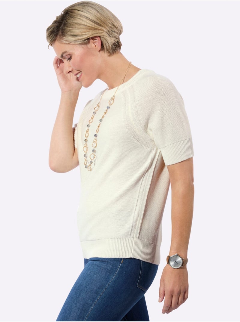 Pull à manches courtes avec encolure ronde et coutures raglan - Taille standard - Witt Ecru - Kiabi