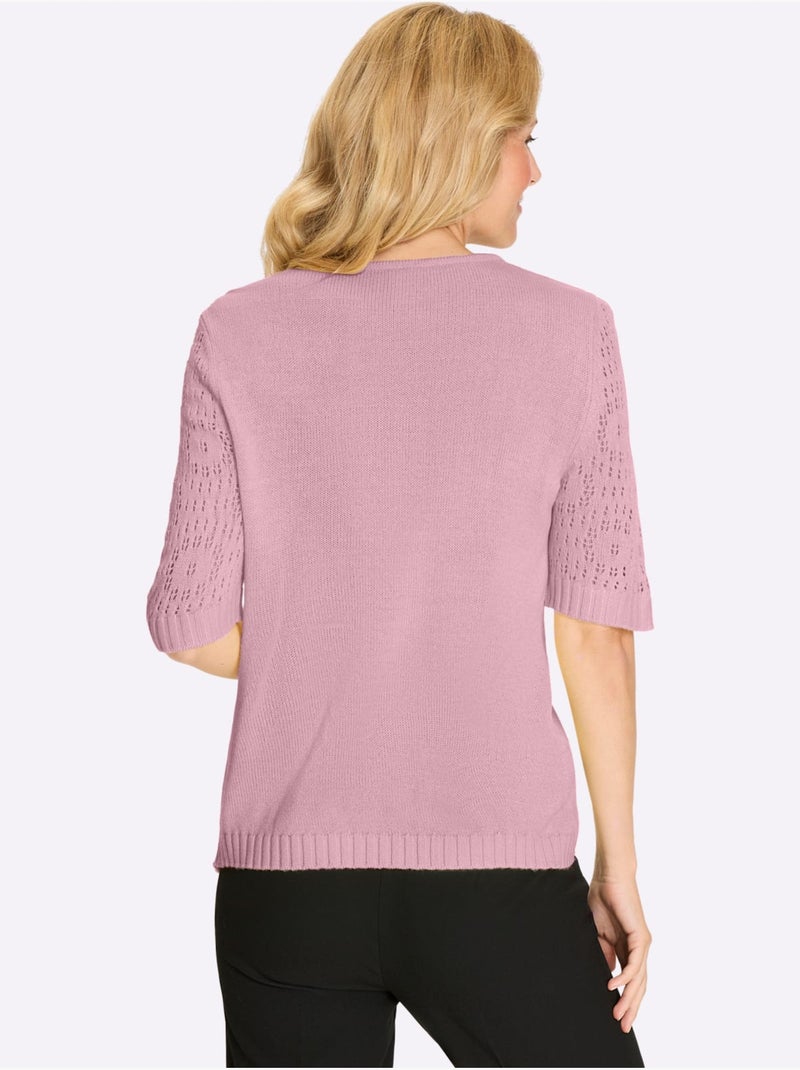 Pull à manches courtes avec motif ajouré et col rond - Taille standard - Moda Vilona Rose - Kiabi