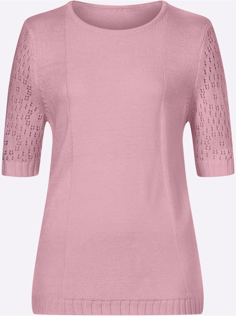 Pull à manches courtes avec motif ajouré et col rond - Taille standard - Moda Vilona Rose - Kiabi