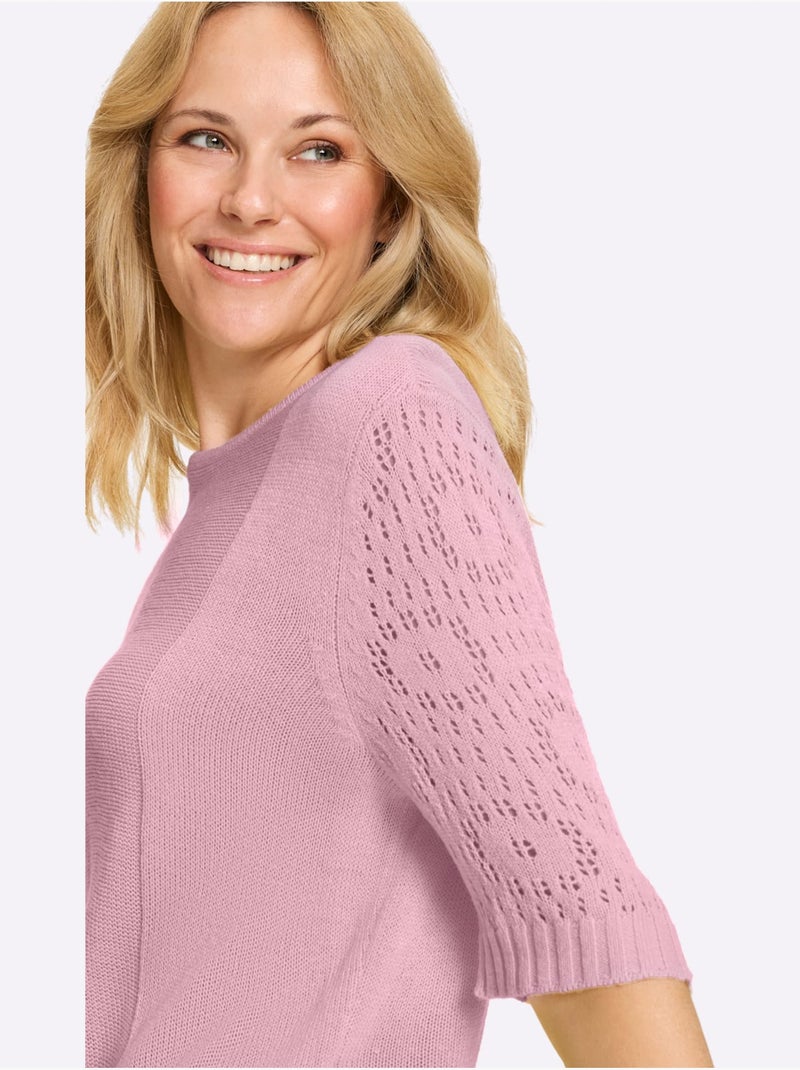 Pull à manches courtes avec motif ajouré et col rond - Taille standard - Moda Vilona Rose - Kiabi