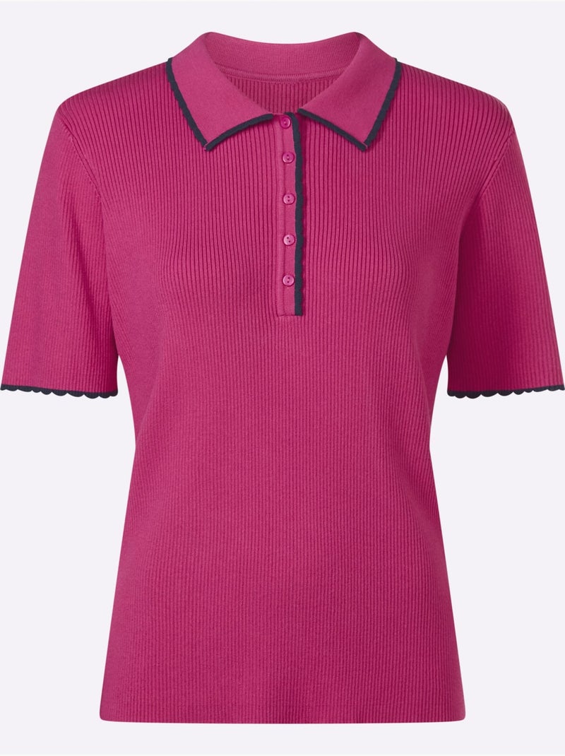 Pull à Manches Courtes Col Polo Avec Bord Ondulé - Taille Standard - Helline Bleu Rose - Kiabi