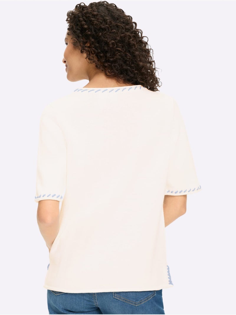 Pull à Manches Courtes Contrastes Mode - Taille Standard - Helline Blanc Bleu - Kiabi