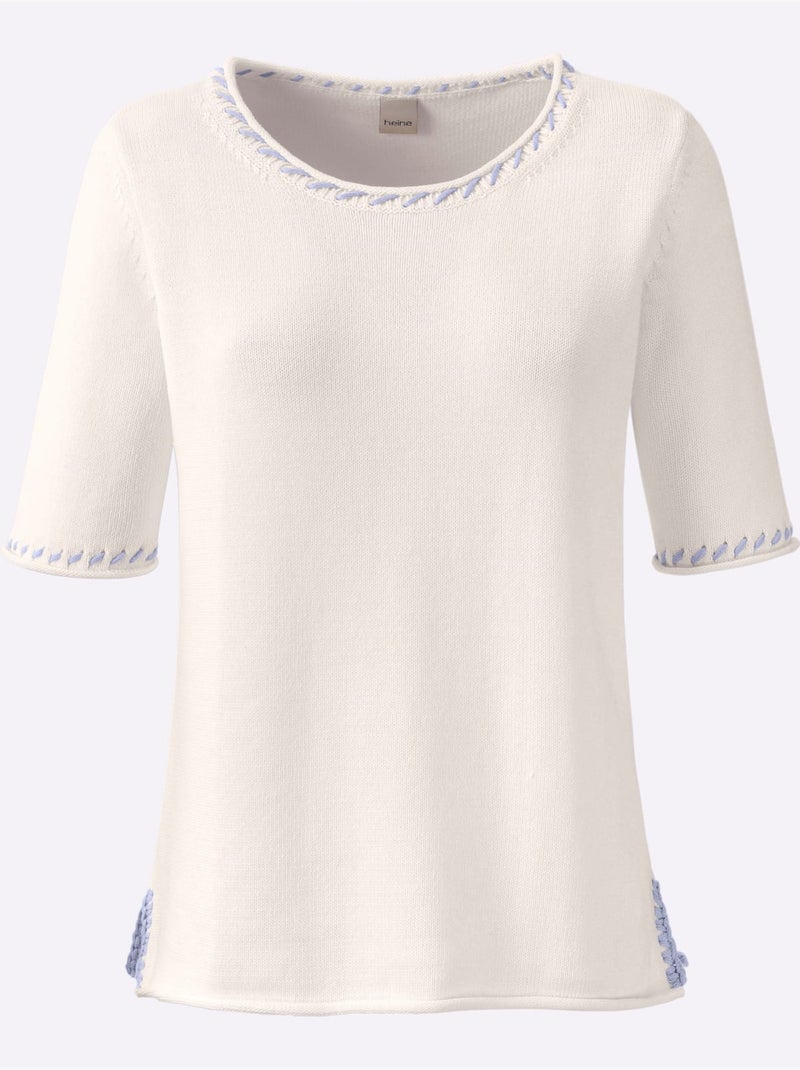 Pull à Manches Courtes Contrastes Mode - Taille Standard - Helline Blanc Bleu - Kiabi