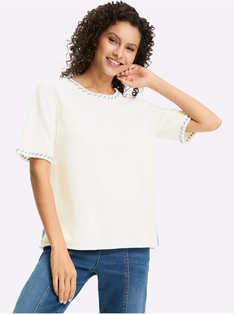 Pull à Manches Courtes Contrastes Mode - Taille Standard - Helline Blanc Bleu - Kiabi