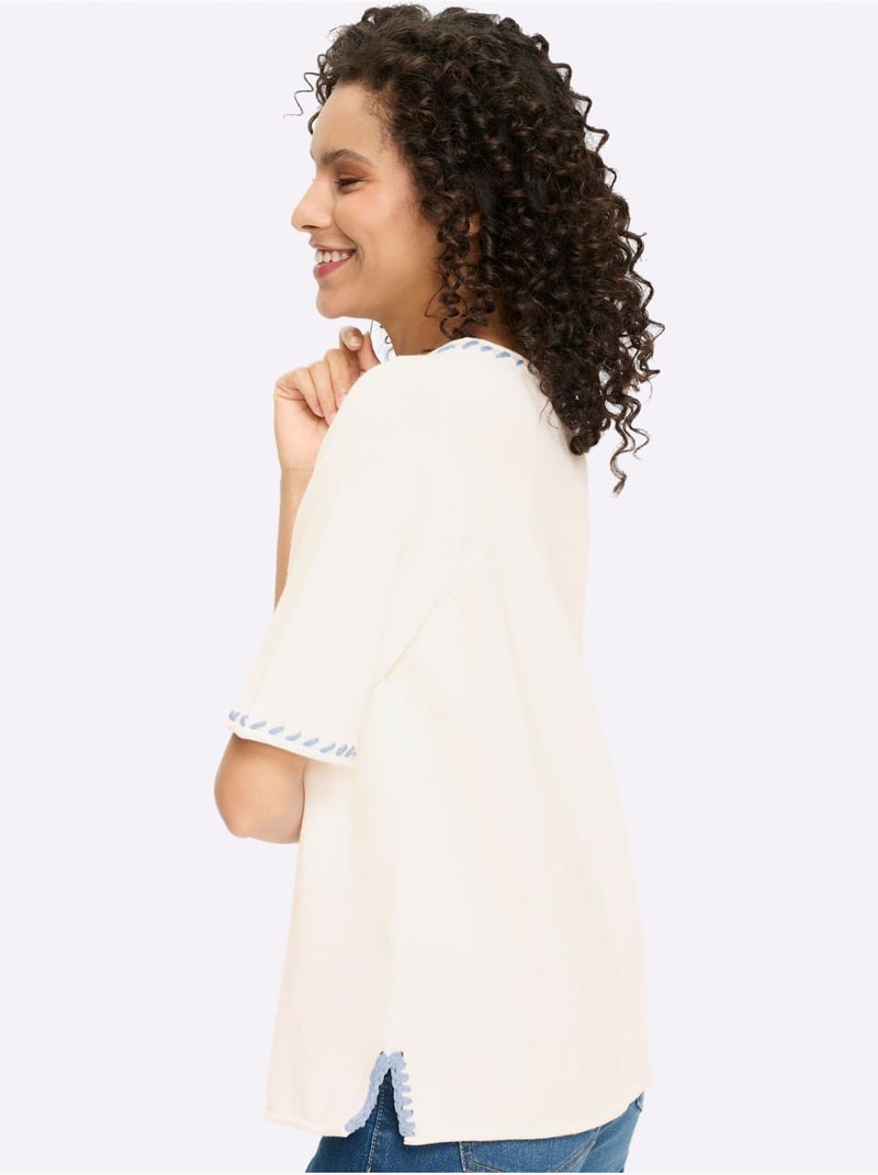 Pull à Manches Courtes Contrastes Mode - Taille Standard - Helline Blanc Bleu - Kiabi