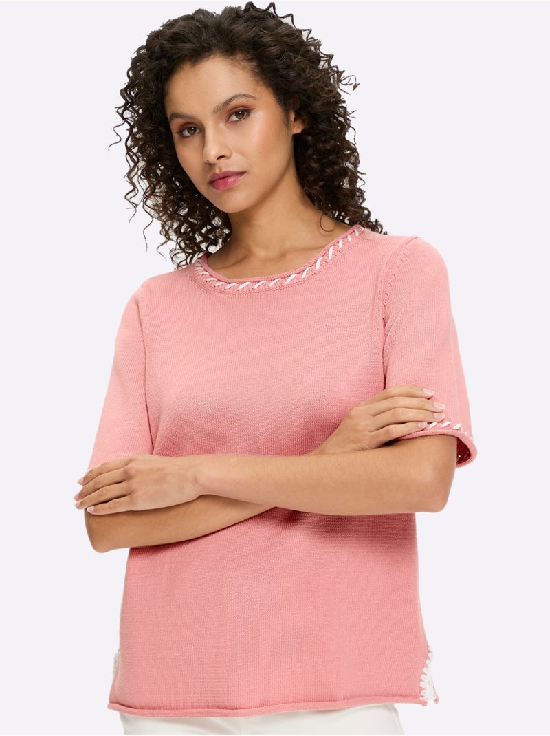 Pull à Manches Courtes Contrastes Mode - Taille Standard - helline Blanc / Rose / Beige - Kiabi