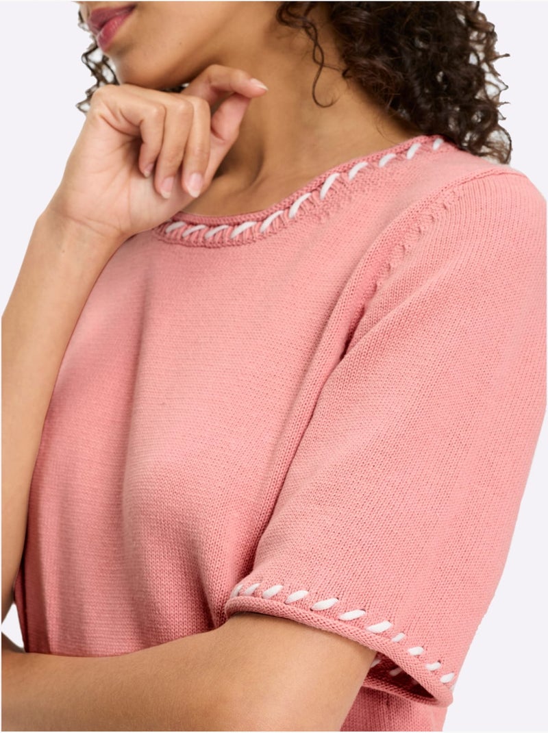 Pull à Manches Courtes Contrastes Mode - Taille Standard - helline Blanc / Rose / Beige - Kiabi