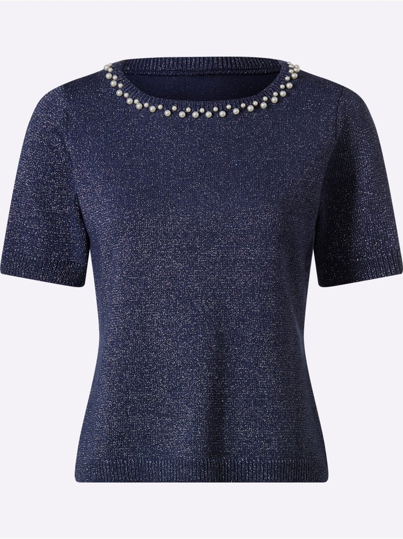 Pull à Manches Courtes élégante Application De Perles - Taille Standard - Helline Bleu foncé - Kiabi