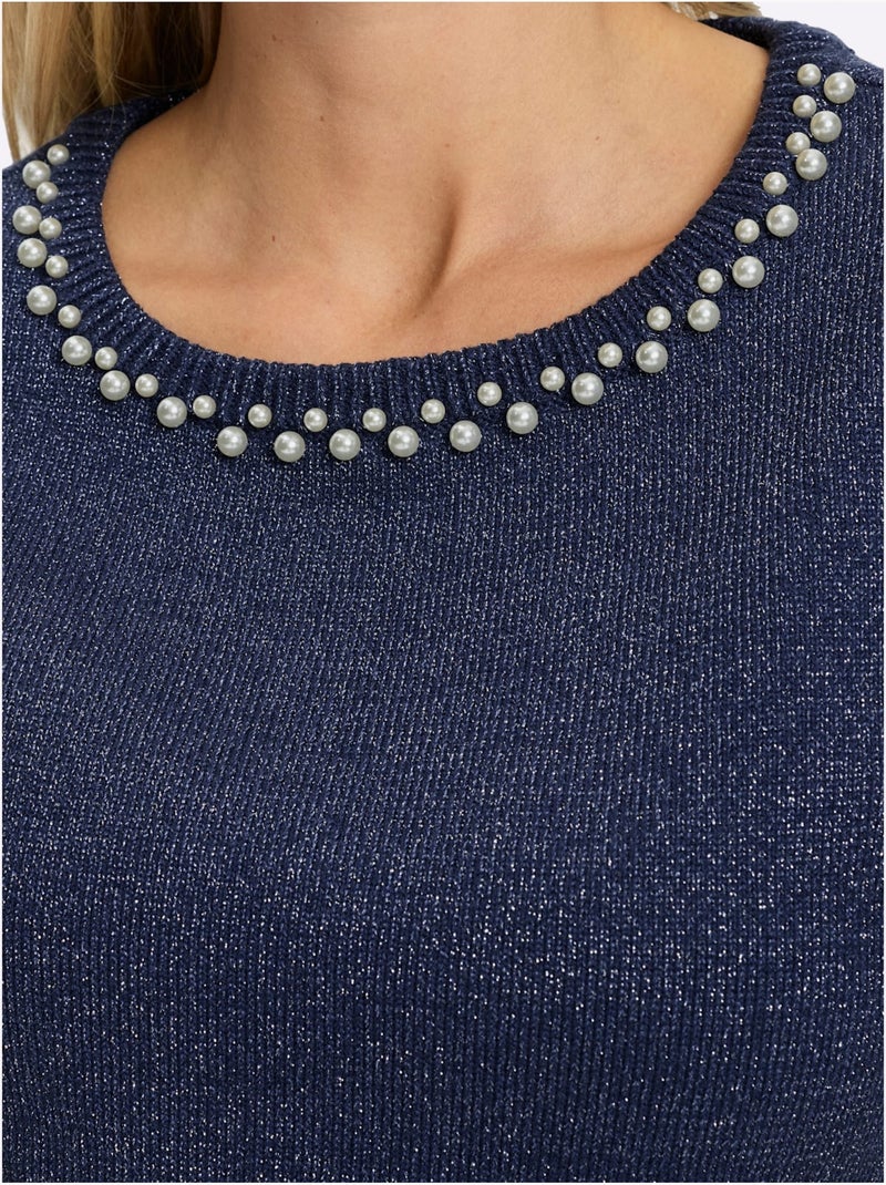 Pull à Manches Courtes élégante Application De Perles - Taille Standard - Helline Bleu foncé - Kiabi
