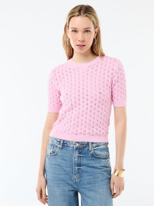 Pull à manches courtes en maille crochet ajourée - Kiabi
