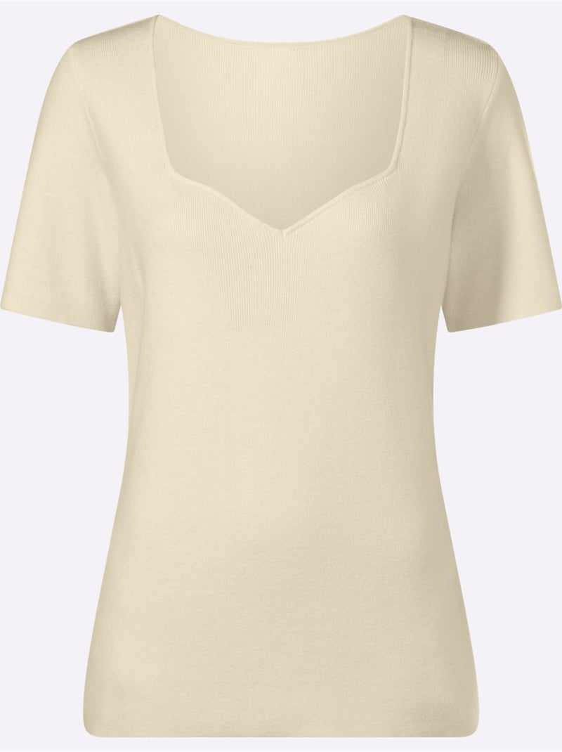 Pull à Manches Courtes Encolure En Forme De Cœur - Taille Standard - Helline Ivoire - Kiabi