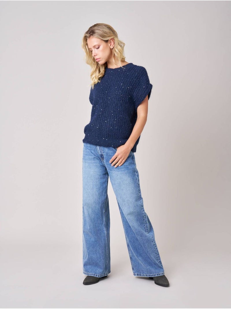 Pull à manches courtes femme en maille douce 'deeluxe' Bleu marine - Kiabi