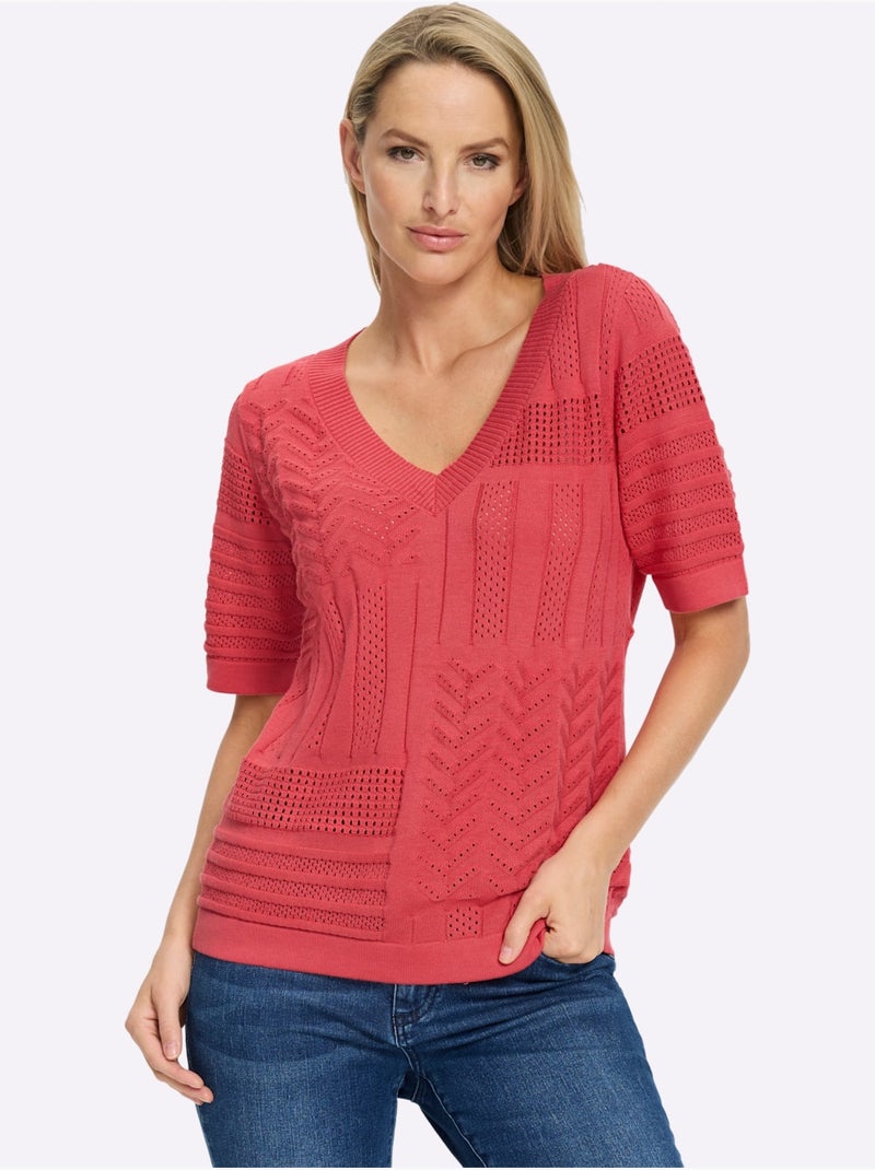 Pull à Manches Courtes Joli Motif Ajouré - Taille Standard - Helline Rose - Kiabi