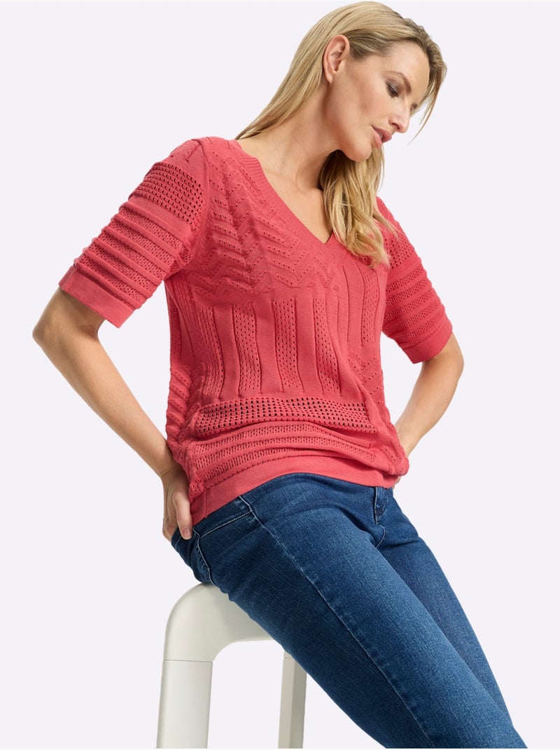Pull à Manches Courtes Joli Motif Ajouré - Taille Standard - Helline Rose - Kiabi