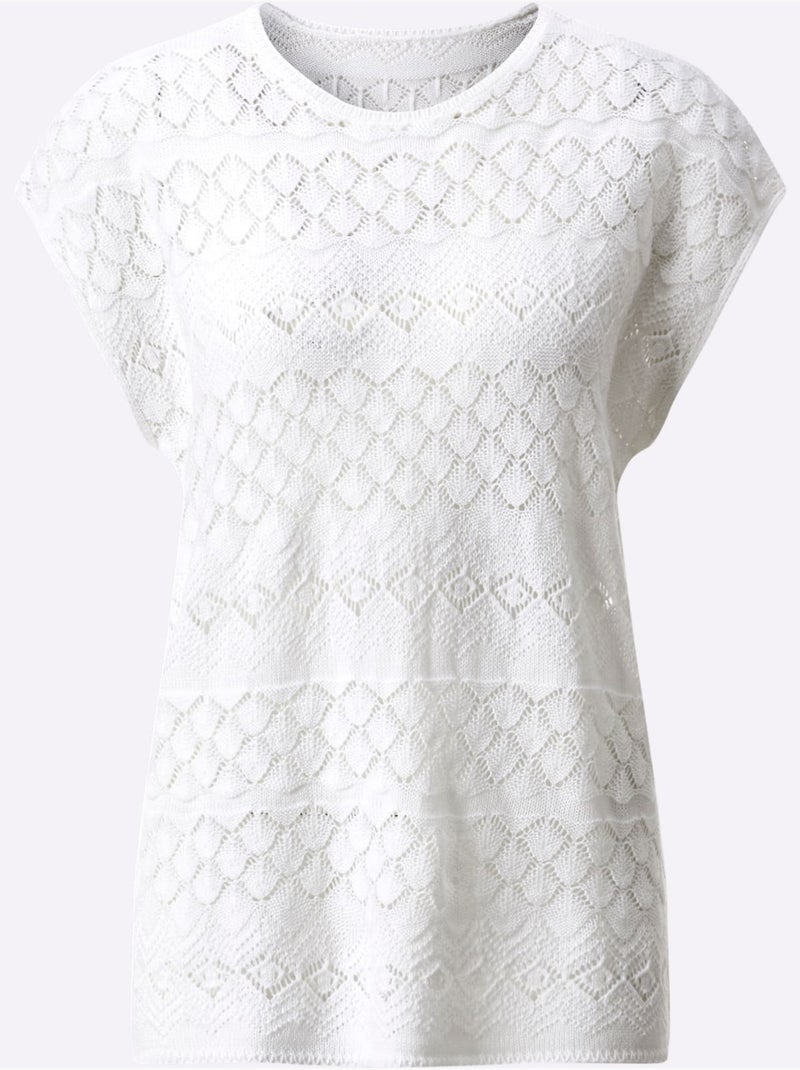 Pull à Manches Courtes Motif Ajouré Léger - Taille Standard - Moda Vilona Blanc - Kiabi
