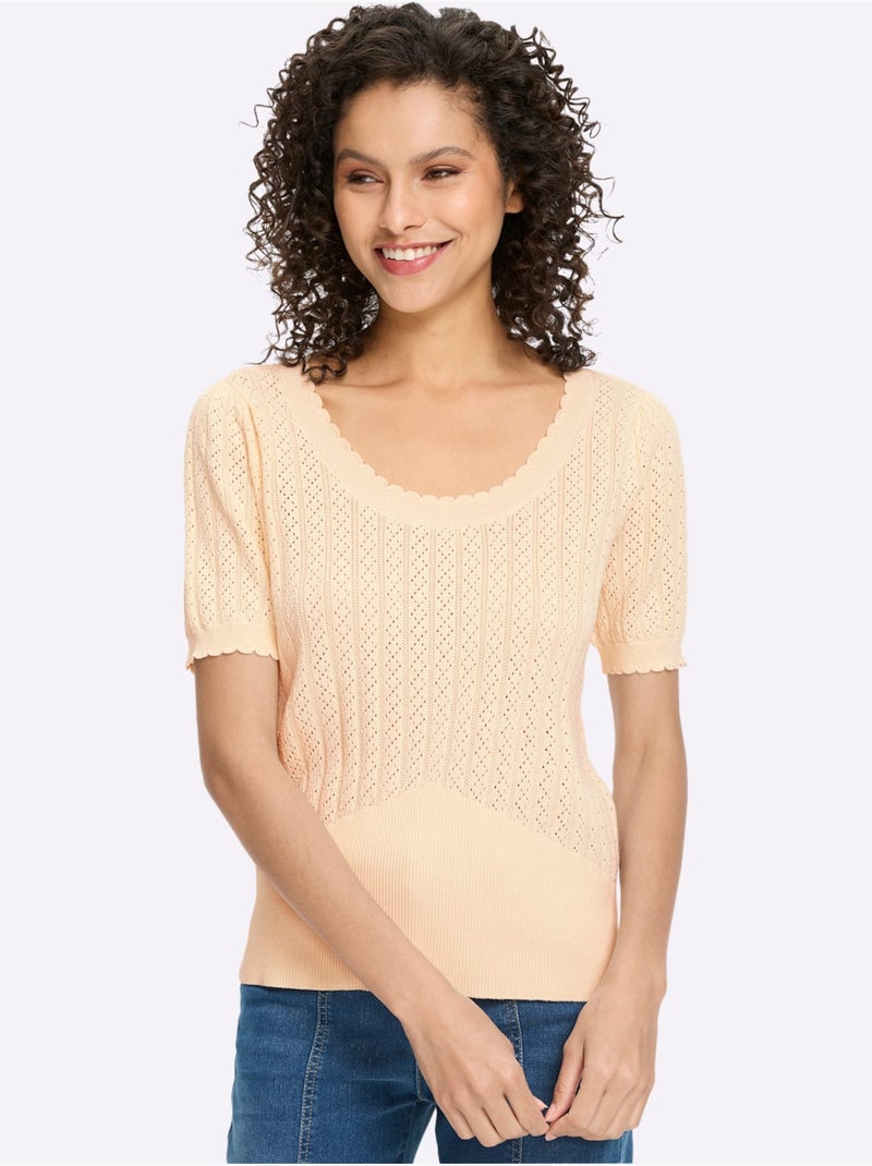 Pull à Manches Courtes Motif Ajouré Transparent Discret - Taille Standard - Helline Ivoire - Kiabi