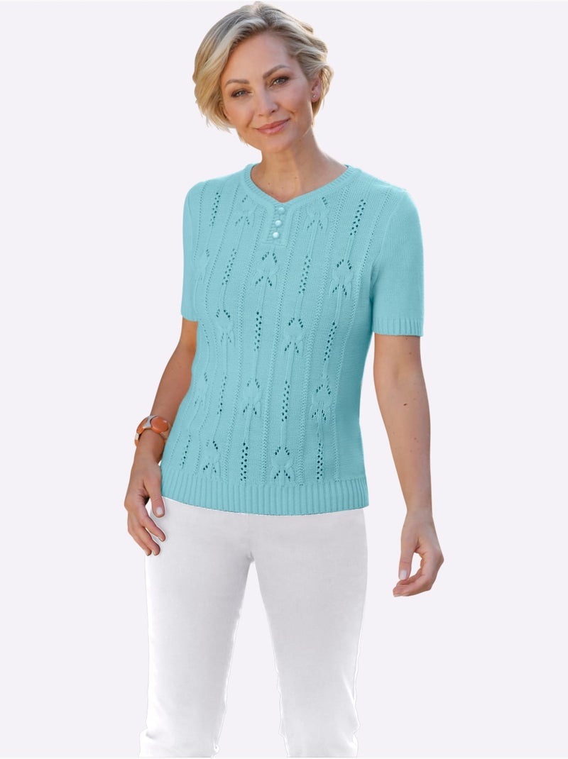Pull à Manches Courtes Motif Tricoté Avec Partie Ajourée Devant - Taille Standard - Witt Bleu - Kiabi