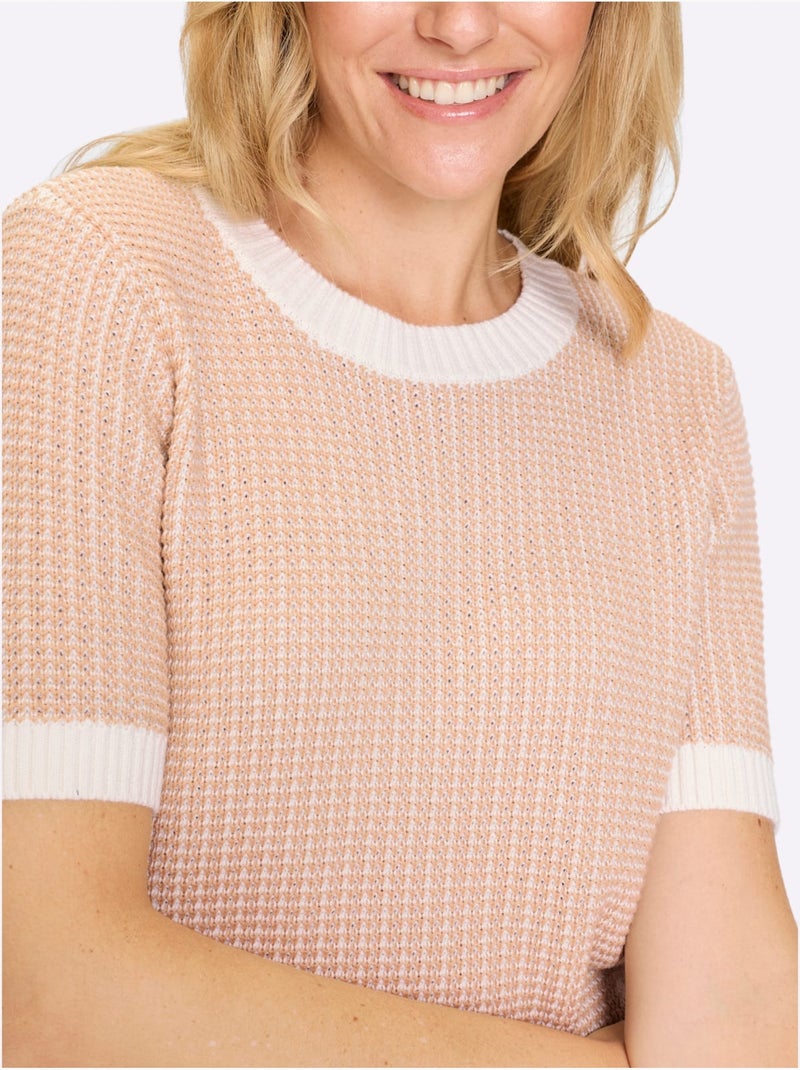 Pull à Manches Courtes Motif Tricoté Décoratif - Taille Standard - Moda Vilona Beige - Kiabi
