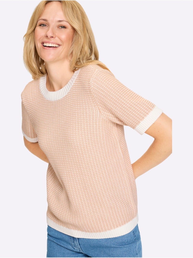 Pull à Manches Courtes Motif Tricoté Décoratif - Taille Standard - Moda Vilona Beige - Kiabi