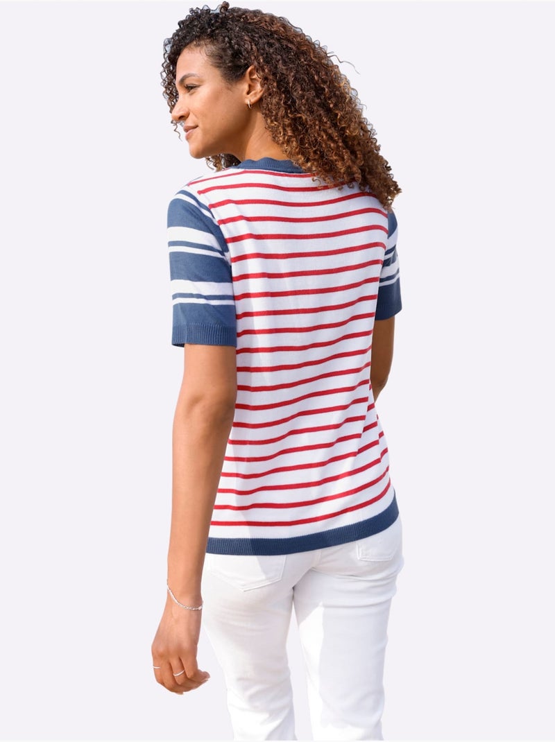 Pull à Manches Courtes Rayures Contrastées - Taille Standard - Witt Bleu Blanc - Kiabi