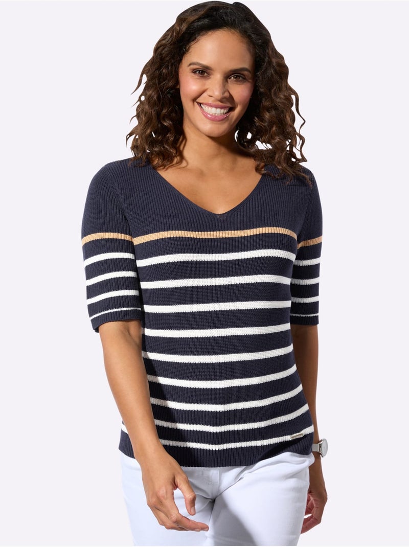 Pull à Manches Courtes Toucher Doux - Taille Standard - Witt Ecru/Marine - Kiabi