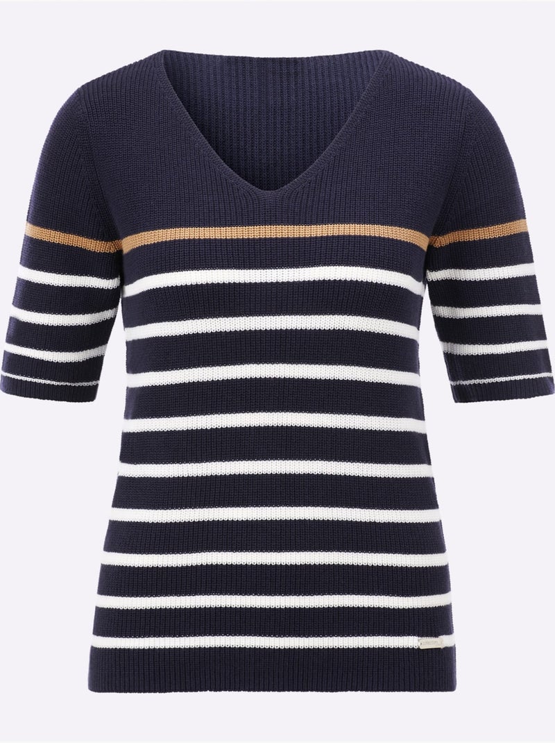 Pull à Manches Courtes Toucher Doux - Taille Standard - Witt Ecru/Marine - Kiabi