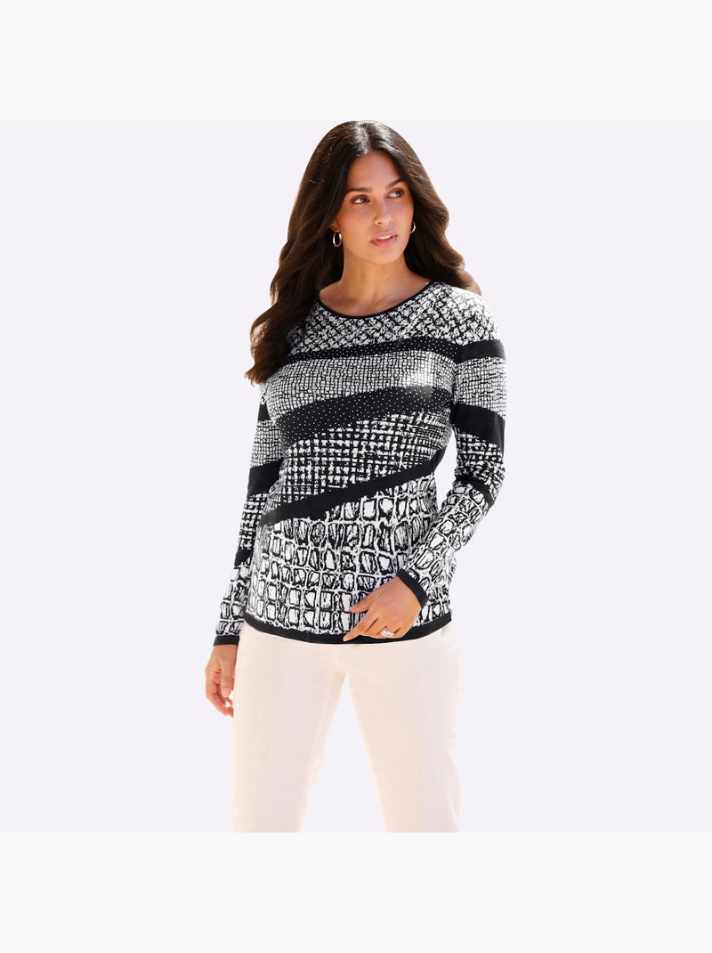 Pull à Manches Longues 60% Viscose - Taille Standard - Witt Noir Blanc - Kiabi