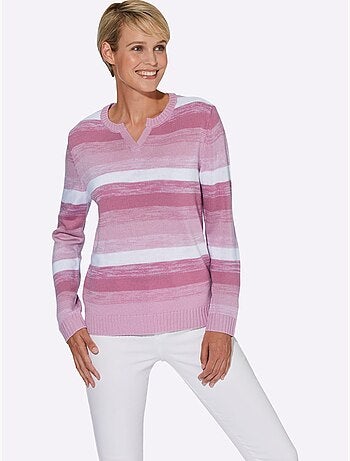 Pull à manches longues avec col en V et motif rayé - Taille standard - Moda Vilona