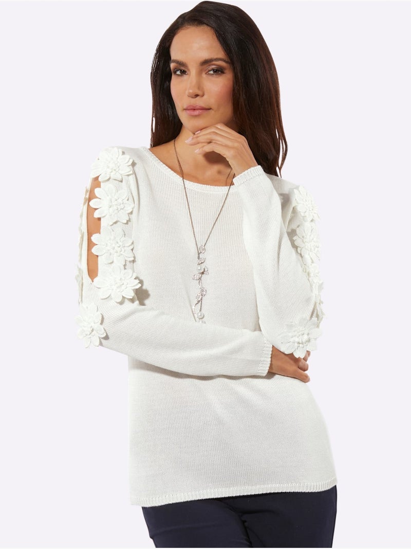 Pull à Manches Longues Applications Florales - Taille Standard - Helline Ecru - Kiabi