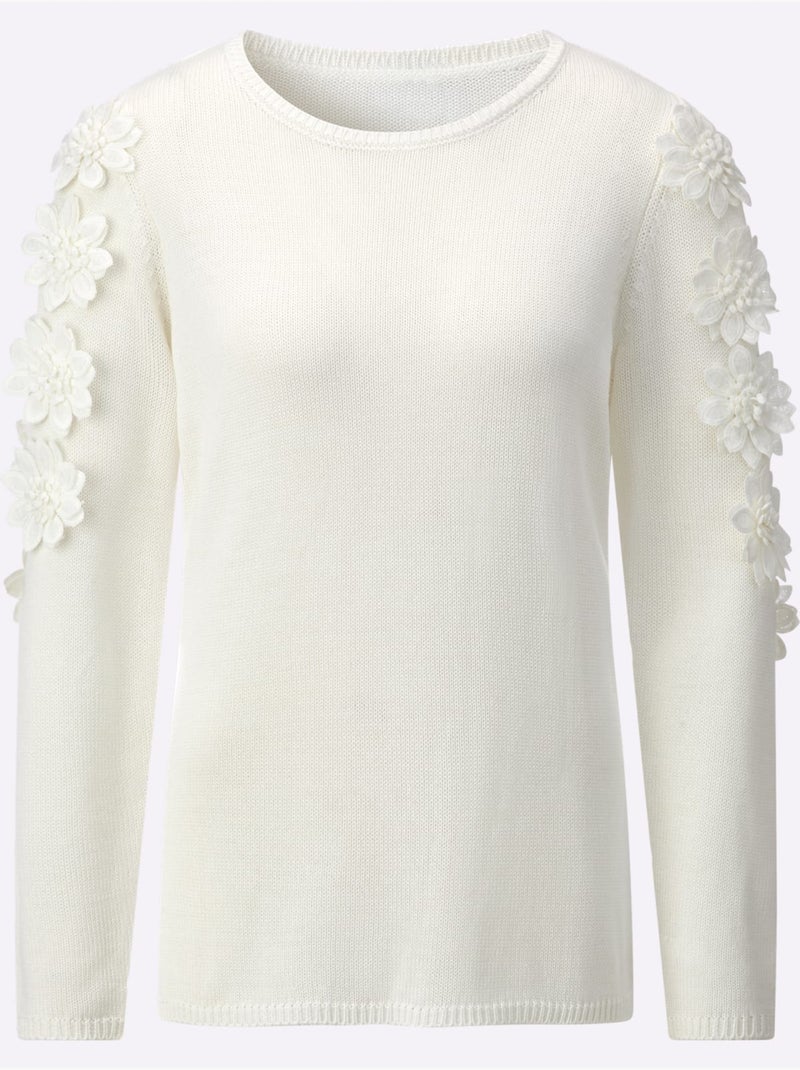 Pull à Manches Longues Applications Florales - Taille Standard - Helline Ecru - Kiabi