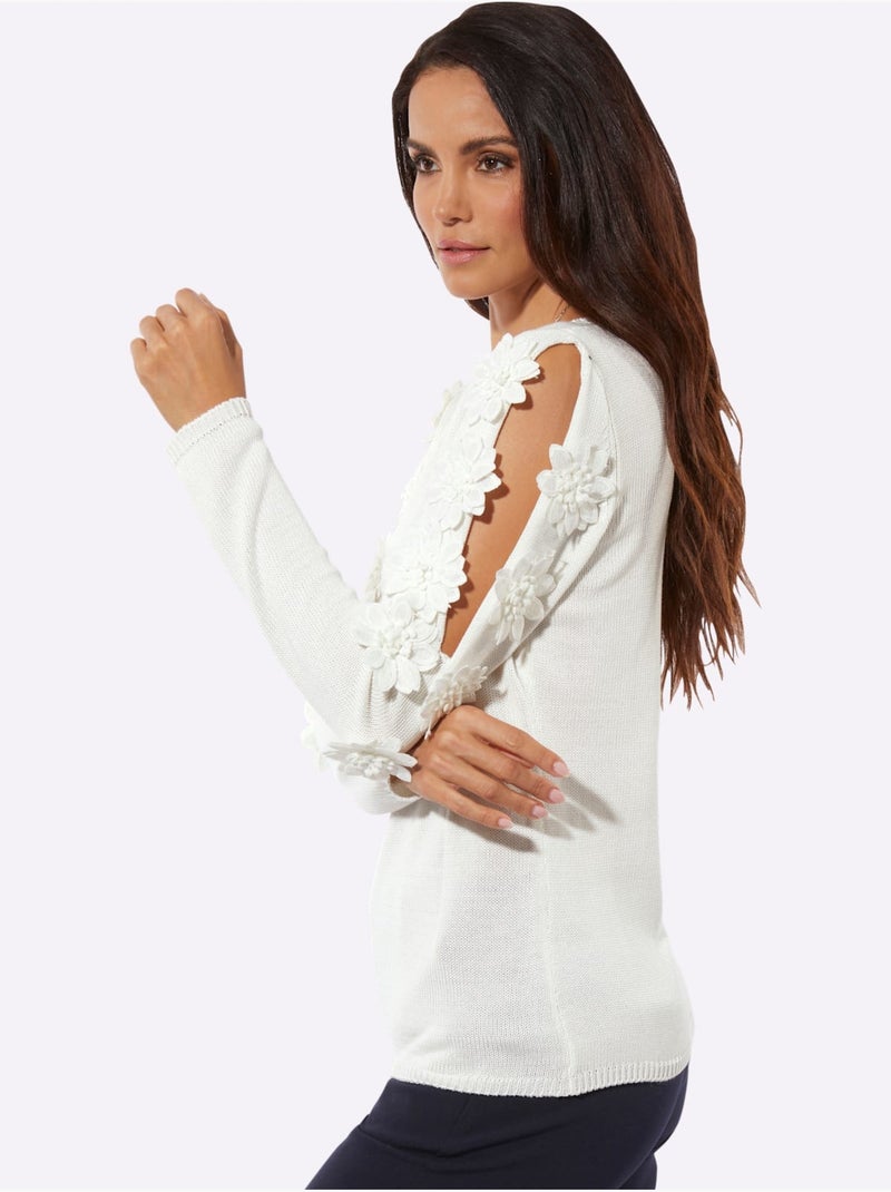 Pull à Manches Longues Applications Florales - Taille Standard - Helline Ecru - Kiabi