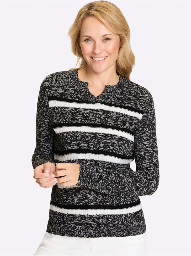 Pull à manches longues avec col arrondi et rayures classiques - Taille standard - Moda Vilona Noir Blanc - Kiabi