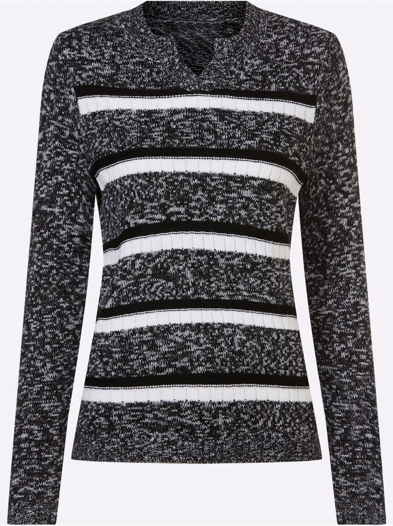 Pull à manches longues avec col arrondi et rayures classiques - Taille standard - Moda Vilona Noir Blanc - Kiabi