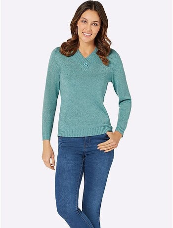 Pull à manches longues avec col en V et bouton décoratif - Taille standard - Moda Vilona