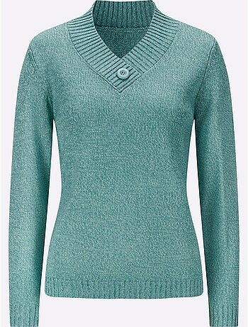 Pull à manches longues avec col en V et bouton décoratif - Taille standard - Moda Vilona