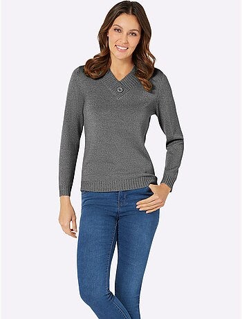 Pull à manches longues avec col en V et bouton décoratif - Taille standard - Moda Vilona