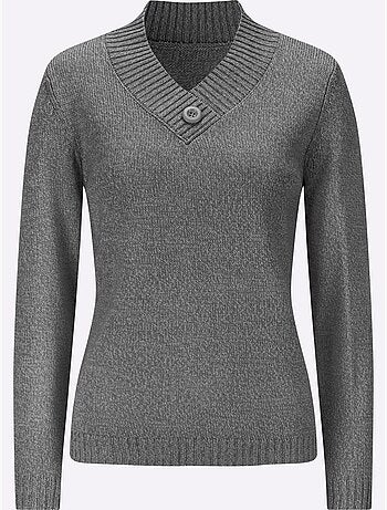 Pull à manches longues avec col en V et bouton décoratif - Taille standard - Moda Vilona
