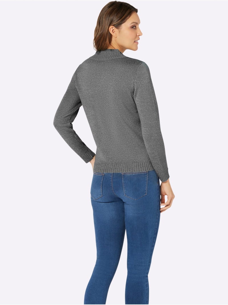 Pull à manches longues avec col en V et bouton décoratif. - Taille standard - Moda Vilona Gris clair - Kiabi