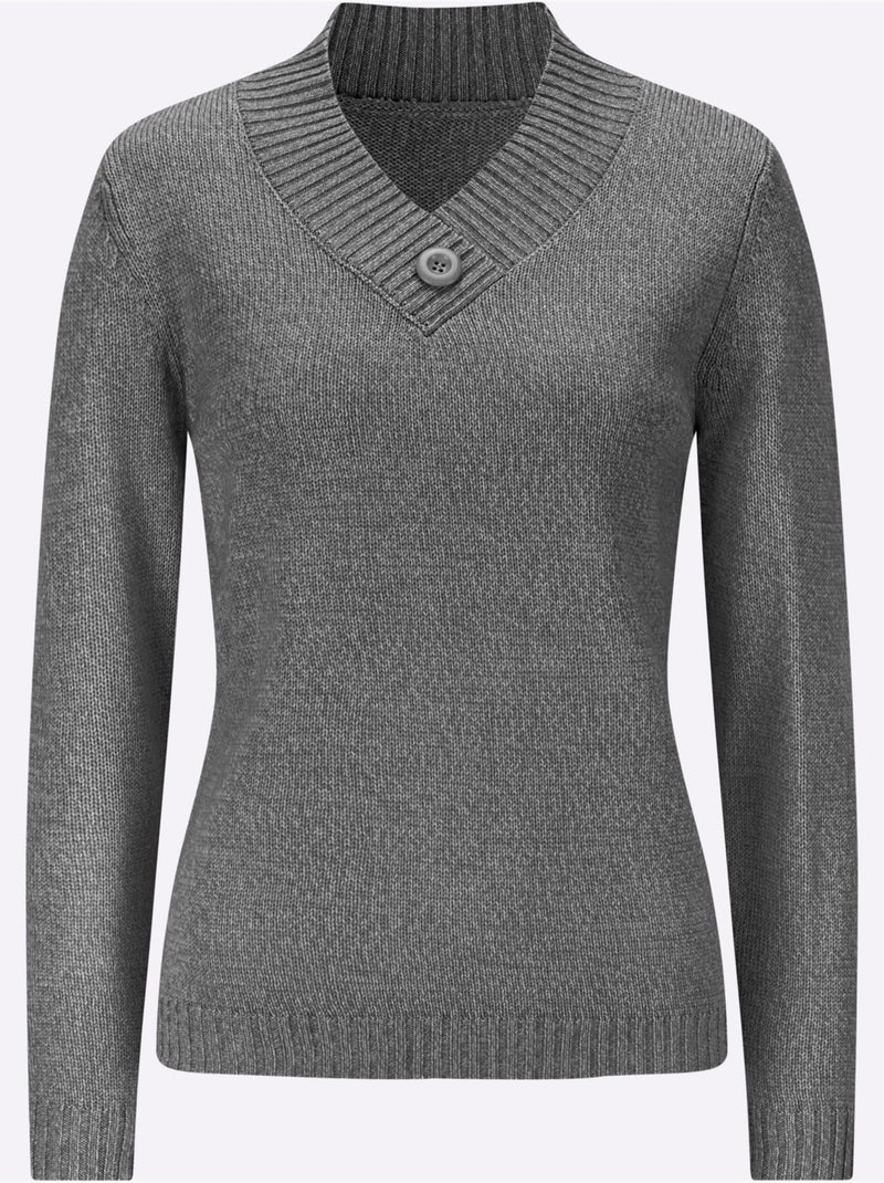 Pull à manches longues avec col en V et bouton décoratif. - Taille standard - Moda Vilona Gris clair - Kiabi