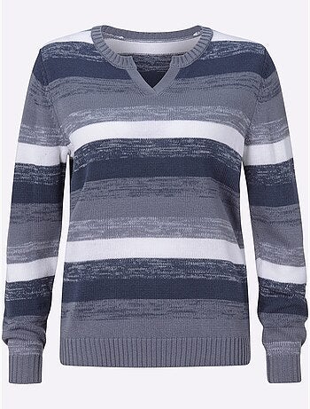 Pull à manches longues avec col en V et motif rayé - Taille standard - Moda Vilona