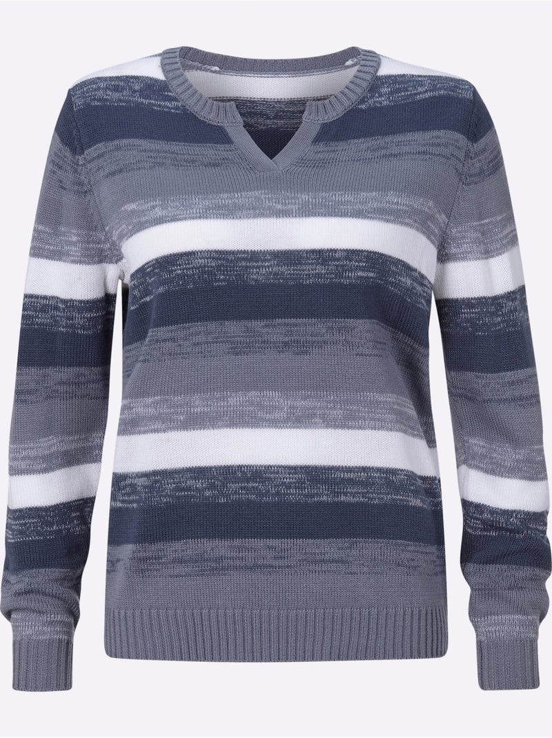 Pull à manches longues avec col en V et motif rayé - Taille standard - Moda Vilona Bleu - Kiabi